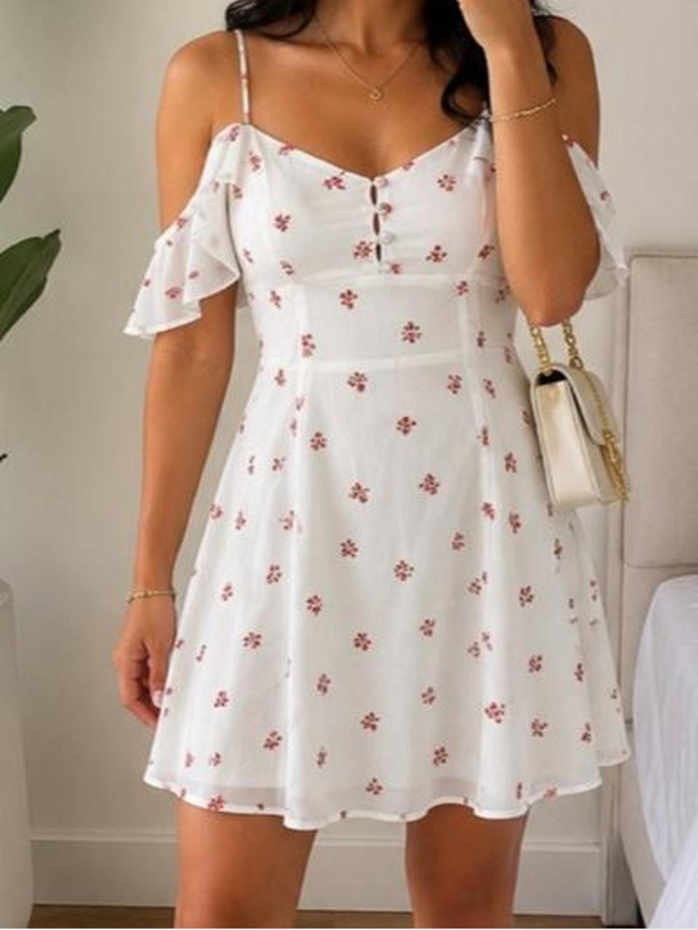White Floral Cold-Shoulder Sundress with Pink Blossoms